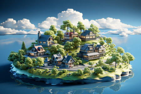 House on the island floating in the sea. 3D illustration.の素材