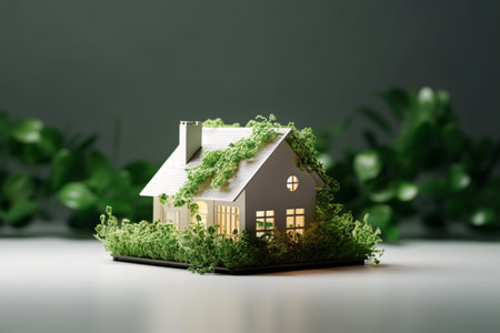 Miniature house with green plant on white table with dark background.の素材