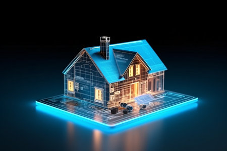 3d illustration of a house on a dark background with blue lightsの素材