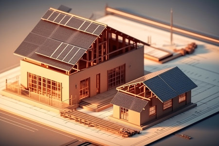 3d model, layout of an eco-friendly, energy-efficient house. Energy Efficient House. Renewable energy concept. selective focus. Generative AI technology.の素材