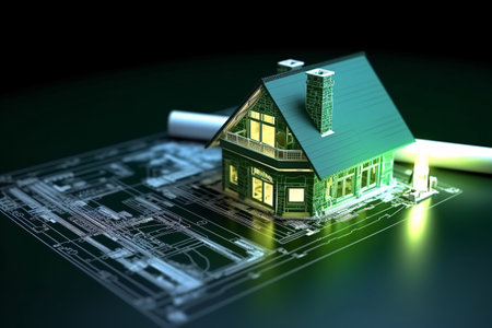 3d model, layout of an eco-friendly, energy-efficient house. Energy Efficient House. Renewable energy concept. selective focus. Generative AI technology.の素材