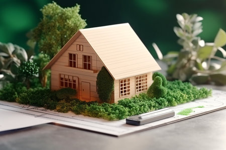 3d model, layout of an eco-friendly, energy-efficient house. Energy Efficient House. Renewable energy concept. selective focus. Generative AI technology.の素材