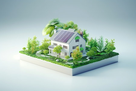 3d model, layout of an eco-friendly, energy-efficient house. Energy Efficient House. Renewable energy concept. selective focus. Generative AI technology.の素材