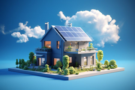 3d model, layout of an eco-friendly, energy-efficient house. Energy Efficient House. Renewable energy concept. selective focus. Generative AI technology.の素材