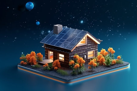 3d model, layout of an eco-friendly, energy-efficient house. Energy Efficient House. Renewable energy concept. selective focus. Generative AI technology.の素材