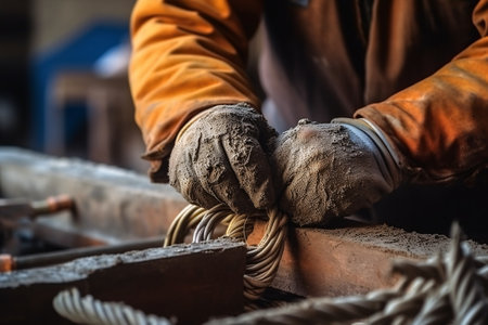 Close up of a worker's hand in a protective glove working on a construction site. Professional construction worker. Generative AI technology.の素材