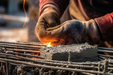 Close up of a worker's hand in a protective glove working on a construction site. Professional construction worker. Generative AI technology.の素材