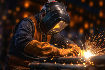 A welder in a protective helmet and equipment performs welding and grinding at his workplace. Generative AI technology.の素材