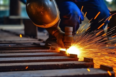 A welder in a protective helmet and equipment performs welding and grinding at his workplace. Generative AI technology.の素材