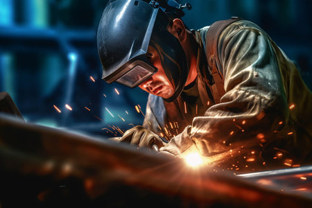 A welder in a protective helmet and equipment performs welding and grinding at his workplace. Generative AI technology.の素材