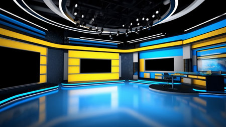tv studio. news studio. newsroom. background for newscast. Backdrop for video or photo production. Generative AI technology.の素材