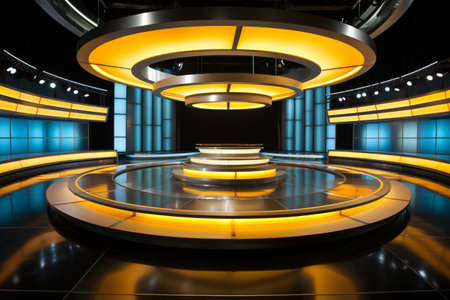 3D rendering of a futuristic interior with a round podium and lightingの素材