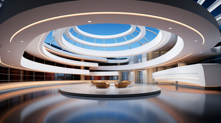 tv studio. news studio. newsroom. background for newscast. Backdrop for video or photo production. Generative AI technology.の素材