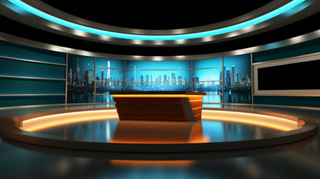 Tv Studio. News studio. News studio. The perfect backdrop for any green screen or chroma key video or photo production. 3d render.の素材