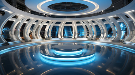 Futuristic space station interior with blue lights and reflections 3d renderingの素材