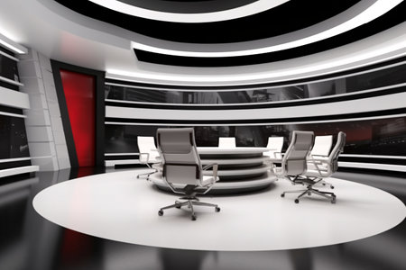 tv studio. Backdrop for TV shows .TV on wall. news studio. The perfect backdrop for any green screen or chroma key video or photo production. 3D rendering.の素材