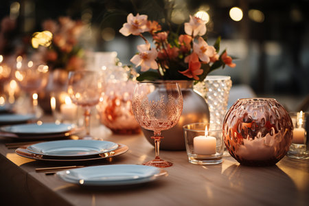 Beautiful table setting for wedding or another catered event dinner in restaurantの素材