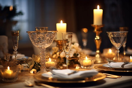 Elegant table setting for christmas dinner in lighted roomの素材
