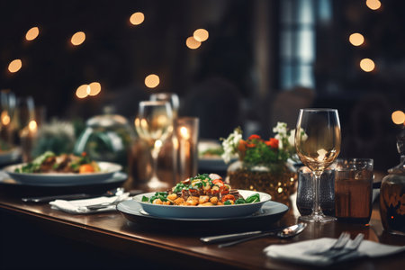 Luxury dinner on the table in the restaurant. Food styling and restaurant meal serving.の素材