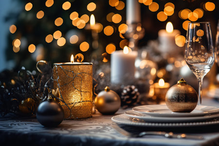 Christmas table setting with candles and golden ornaments. Selective focus.の素材