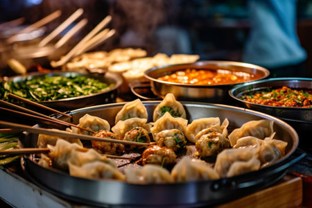 Fried dumplings at street food market in Bangkok, Thailandの素材