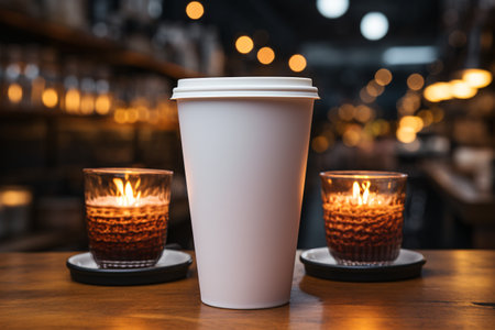 Disposable coffee cup on wooden table in coffee shop, stock photoの素材
