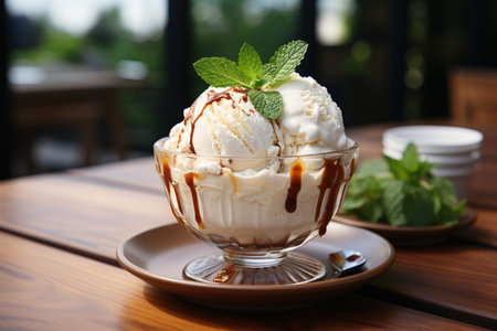 Delicious ice cream with berries and chocolate. closeup. selective focus.の素材
