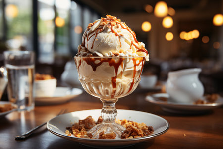 Delicious ice cream with berries and chocolate. closeup. selective focus.の素材