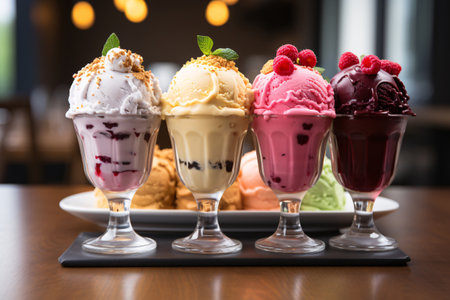 Delicious ice cream with berries and chocolate. closeup. selective focus.の素材
