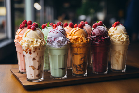 Ice cream sundae in a glass cup with strawberry, raspberry, chocolate and vanillaの素材