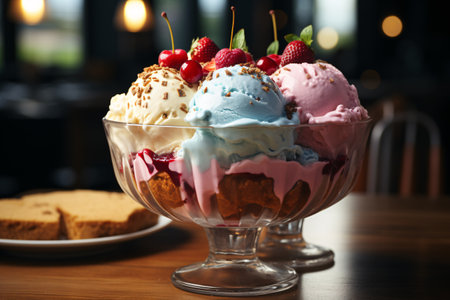 Delicious ice cream with berries and chocolate. closeup. selective focus.の素材