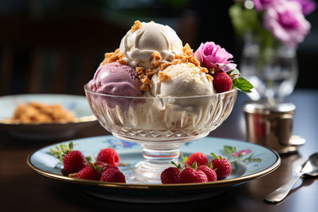 Delicious ice cream with berries and chocolate. closeup. selective focus.の素材