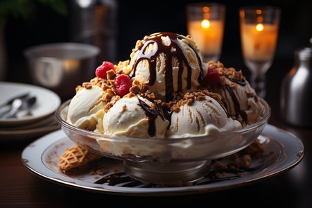 Delicious ice cream with berries and chocolate. closeup. selective focus.の素材