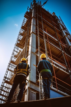 Construction workers at work on scaffolding at a construction site. low angle view.の素材