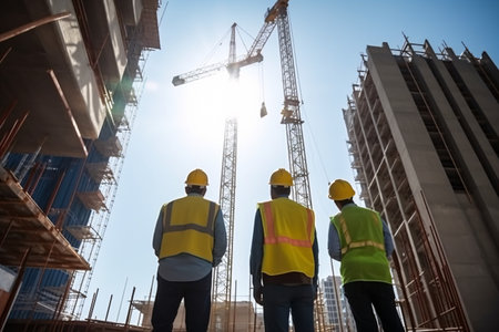 Group of engineers and architects standing at construction site with cranes in the backgroundの素材