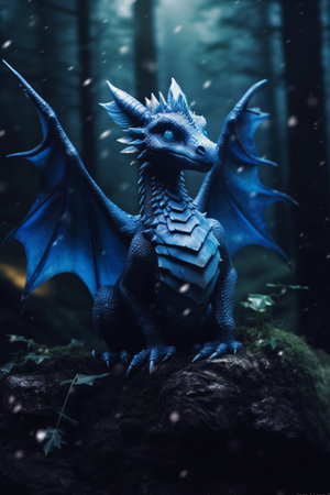 Fantasy dragon in the dark forest. Fairy tale. 3D rendering.の素材