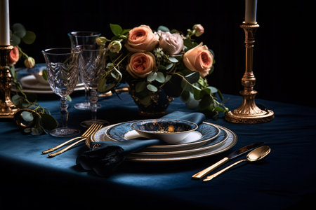 Beautiful table setting with roses and cutlery on black backgroundの素材