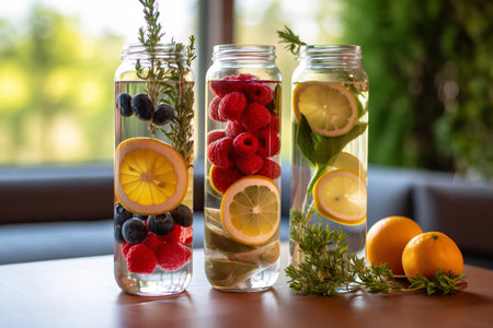 Detox water with fruits and berries in glass jars on the tableの素材