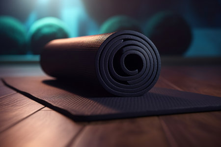 Yoga mat on wooden floor in fitness room. 3d renderingの素材