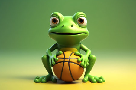 Green frog with basketball on a green background. 3d illustration.の素材