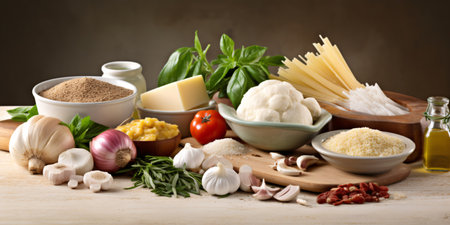 Gourmet ingredients.  Food cooking ingredients on bright background.の素材