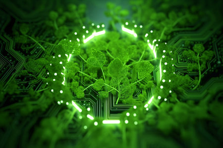 3D illustration of green leaf with circuit board background. 3D renderingの素材