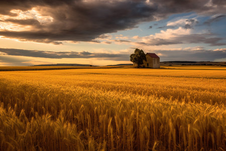 wheatfield. Evening over golden wheat fields. Farming, farming. golden pure wheat field , landscape wheat summer field sun sky nature, rustic background.の素材