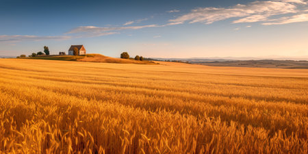 wheatfield. Evening over golden wheat fields. Farming, farming. golden pure wheat field , landscape wheat summer field sun sky nature, rustic background.の素材