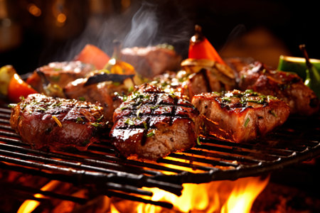Grilling and BBQ. Beef steaks on the grillの素材