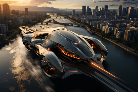 3D rendering of a futuristic concept car in the middle of the cityの素材