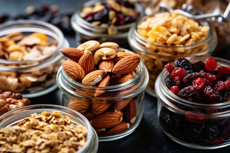 Healthy food. Granola, nuts, dried cranberries, raisins, almonds in glass jars on black backgroundの素材