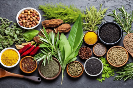 Spices and herbs on stone background. Food and cuisine ingredients.の素材
