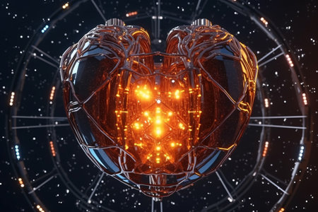 3d rendering of heart with glowing lights inside on dark space backgroundの素材