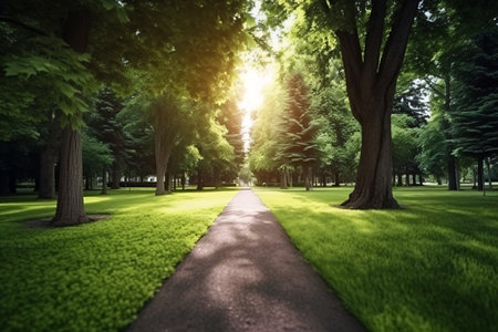 Beautiful green park with a path and trees at sunset. nature backgroundの素材